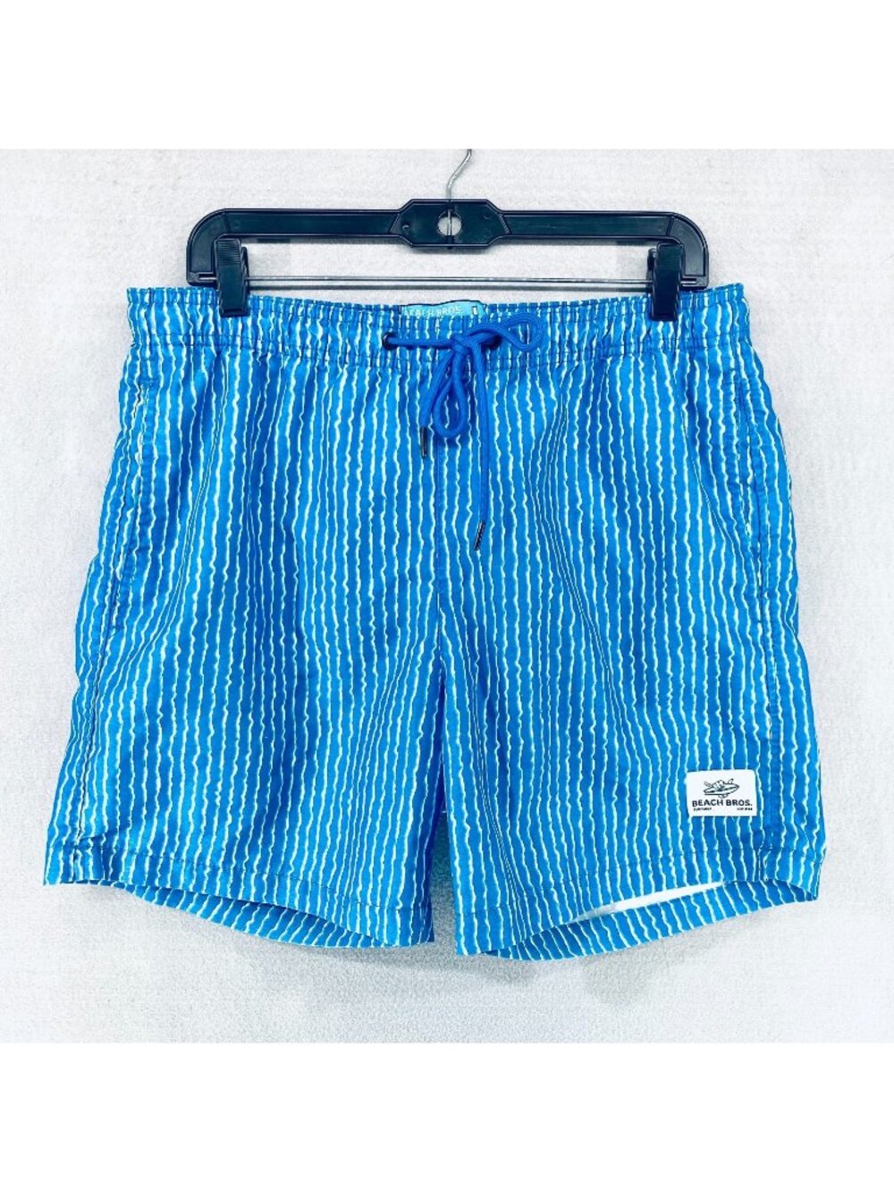 Beach Bros Swim Trunks Mens L Blue Stripe Lined Shorts Drawstring Preppy